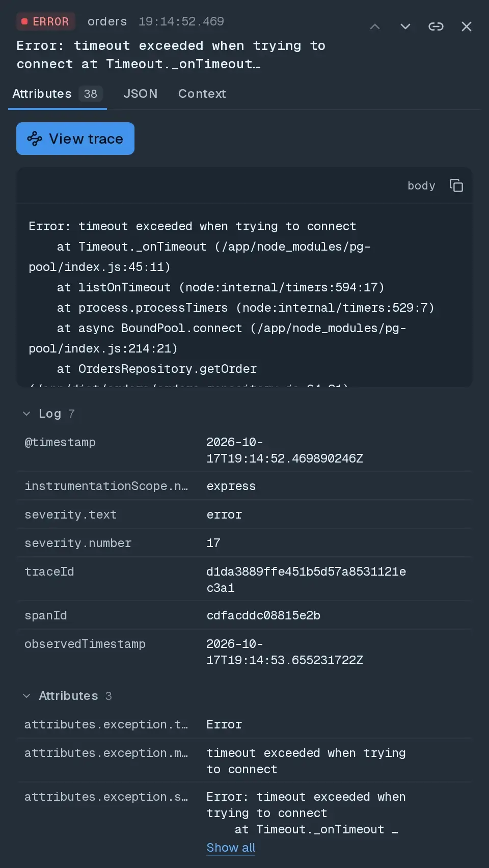 Osuite log detail: the same pg-pool error logged by another failing orders request, with its stack trace.